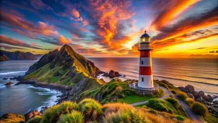 Wall Mural - Stunning Candid Photography of the Vibrant Lighthouse at Cape Palliser, New Zealand, Illuminating the Rugged Coastline Against a Colorful Sky at Sunset