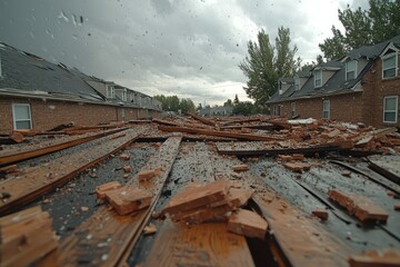 Wall Mural - Tornado damage to apartment complex roof, wooden beams and bricks falling off due to storm weather, daytime news shot with wide-angle view.