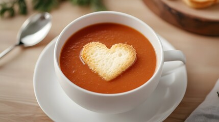 Wall Mural - A cozy bowl of tomato soup topped with a heart-shaped crouton, perfect for warming hearts and appetites.