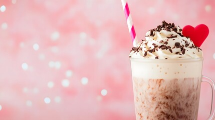 A tempting milkshake topped with whipped cream, chocolate shavings, and a heart garnish, set against a soft pink background.