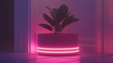 Wall Mural - Modern illuminated planter with pink neon light in cozy indoor setting highlighting green foliage