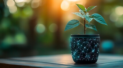 Wall Mural - Modern Potted Plant with Futuristic Design and Bokeh Background in Soft Natural Light