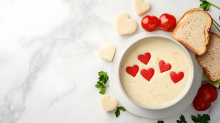 Wall Mural - A creamy soup garnished with heart-shaped tomatoes, surrounded by bread, hearts, and fresh herbs on a marble surface.