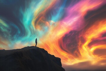 Wall Mural - A solitary figure stands on a precipice, gazing up at a vibrant sky awash in the ethereal glow of the aurora borealis. The swirling colors evoke a sense of wonder, mystery.