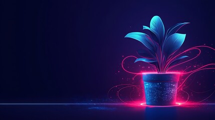 Wall Mural - Vibrant Neon Plant with Glowing Pot and Futuristic Background in Deep Blue and Pink Hues