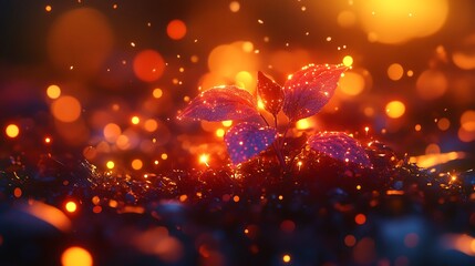 Wall Mural - Vibrant New Leaves Glowing Among Sparkling Bokeh with Soft Warm Lights in Enchanting Nature Landscape