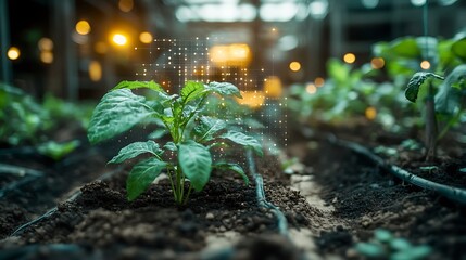 Wall Mural - Young Green Plant with Digital Sparkles Growing in Modern Greenhouse with Illuminated Background