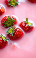 A fresh strawberry floating in a pool of pink liquid, creating a vibrant and visually appealing scene.