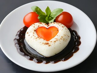 Wall Mural - A heart-shaped dish with a vibrant tomato center, garnished with fresh greens and served on a dark sauce, evoking a romantic dining experience.