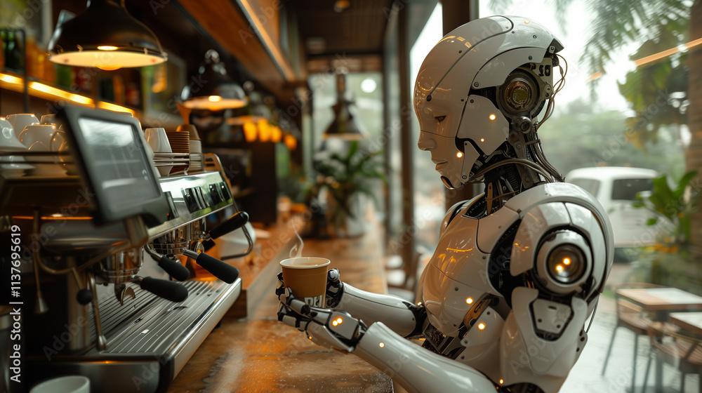 An AI robot cyborg making coffee with a coffee machine. The theme of ...
