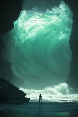 Wall Mural - Turquoise Wave Crashing into Rugged Coastal Cliff Cavern