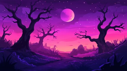 Wall Mural - Enchanted Twilight Landscape with Gnarled Trees and a Majestic Moon