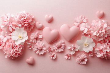 Wall Mural - Pink pastel hearts and flowers, valentine or birthday greeting card