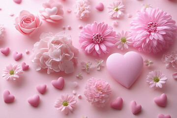 Wall Mural - Pink pastel hearts and flowers, valentine or birthday greeting card