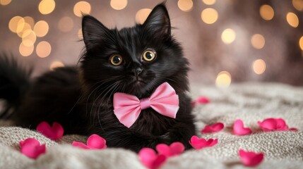 Sticker - Adorable Black Kitten Wearing Pink Bowtie Among Petals