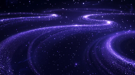 A galaxy-like array of shining purple particles forming spirals and curves, with faint starlight scattered across a deep, dark background
