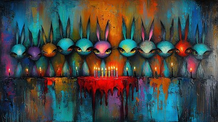 Wall Mural -  Alien Heads with Candles on Red Tablecloth