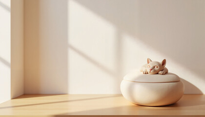 Wall Mural - Round pet urn with sleeping cat figurine in soft sunlight.