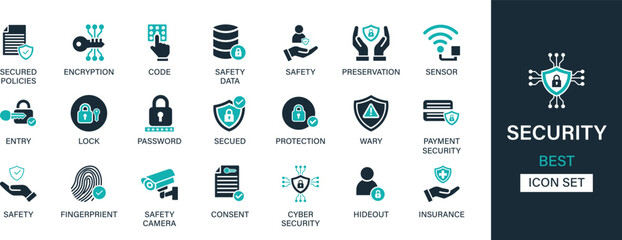 Security icon set collection. Secured policies, encryption, code, safety data, preservation, sensor, entry, lock, wary, insurance and best solid icon set.