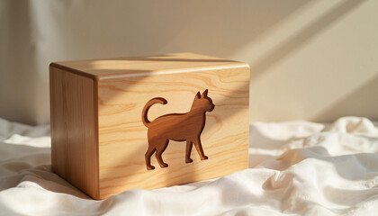 Wall Mural - Wooden cat urn on soft white fabric background.