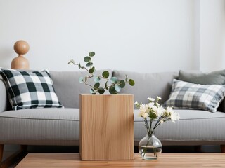 Scandinavian eucalyptus living room with gray sofa, wooden cube, flowers in vase, sculpture, pillow, plaid, stylish home decor template, interior design, Scandinavian