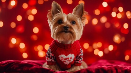 Poster - Yorkshire Terrier Puppy Wearing Red Sweater Against Red Lights