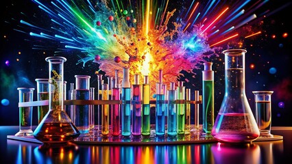 Night Photography of Test Tubes Exploding with Colorful Chemical Reactions, Creating a Dynamic Laboratory Background for Science and Research Themes