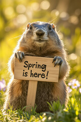 Wall Mural - A close-up shot of a cute groundhog holding a small wooden sign that reads 