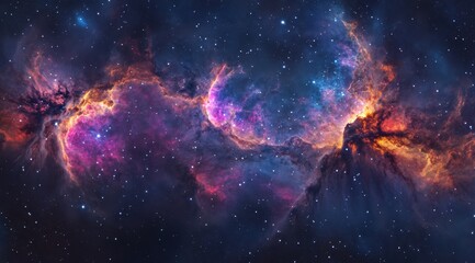 Wall Mural - A nebula of dark blue and purple hues, with pink highlights, in space. The nebula has an advanced digital art style, with vibrant colors and fluid shapes