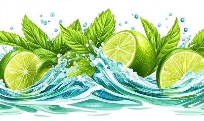 Wall Mural - Fresh limes and mint leaves splashing in water. (2)