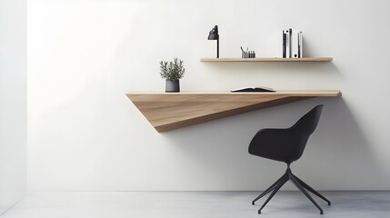 Canvas Print - A minimalist home office with a floating wooden desk, a black task chair, and a single shelf holding a small plant.