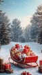 © Aleksandr - Festive sleigh filled with colorful presents surrounded by snow-covered trees on a winter day
