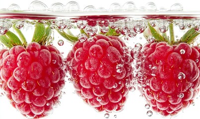 Wall Mural - Three ripe raspberries submerged in water with air bubbles.