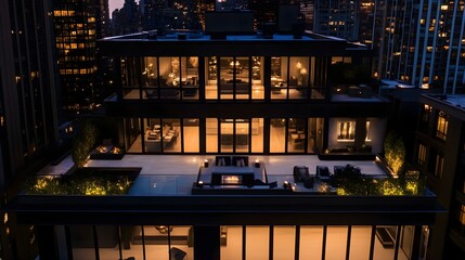 Wall Mural - A luxury home with a rooftop terrace, floor-to-ceiling glass walls, and dramatic exterior lighting at night.