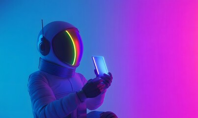 Astronaut using phone with colorful glow.