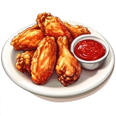 Wall Mural - Crispy chicken wings served with spicy red dipping sauce on a white plate