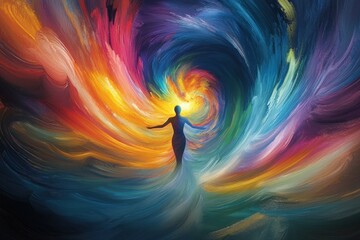 Wall Mural - colorful swirling vortex with a human figure, abstract art.
