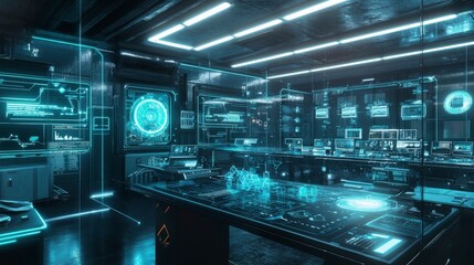 Fototapete - Futuristic control room design advanced technology environment virtual workspace digital innovation immersive perspective