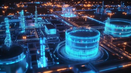 Fototapete - Innovative supply chain operations visualization industrial environment 3d digital art nighttime aerial view