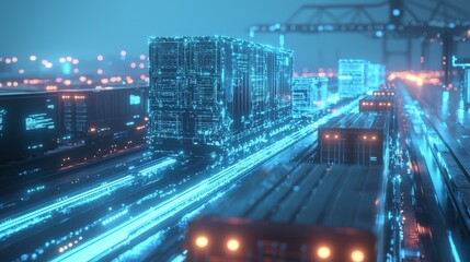 Fototapete - Dynamic ai tools transforming transport logistics urban freight hub technology visualization nighttime cityscape