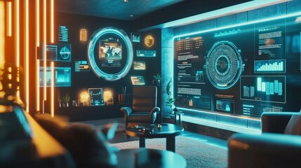 Fototapete - Futuristic workspace with holographic tools modern office digital design high-tech environment immersive viewpoint