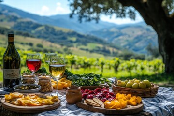 Enjoying a delightful spring picnic with fresh fruits and wine in a scenic vineyard landscape