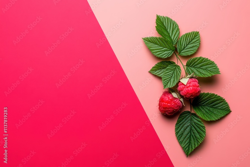 Wild Raspberry on a minimalist solid-color background, top view, with ...