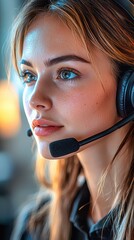 Young woman with headset engaged in focused conversation in a modern office environment during late afternoon