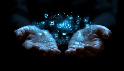 Aufkleber - Business professional with open hands, displaying a hologram of social media and app icons, futuristic technology, online networks, digital interface design