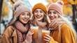 © BlackCat - A group of friends in their late 20s and early 30s, wearing cozy autumn sweaters and jackets, gathered around a fire pit outdoors, sipping on warm drinks like hot cocoa or mulled cider.
