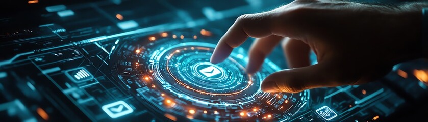 Fototapete - Hand of a man selecting through a futuristic hologram interface, finger on social network icons, communication, technology manipulation, business networks