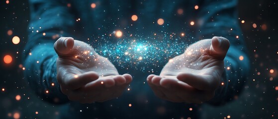 Leinwandbilder - Man displaying a hologram with social media icons, open hands, technology and business theme, digital interface, online networks, modern communication design