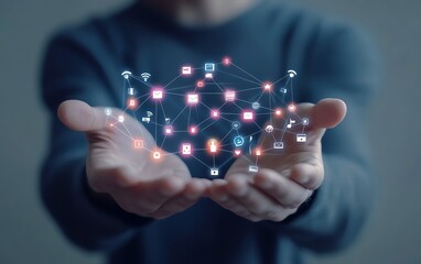 Aufkleber - Man presenting a holographic interface with social media and application icons, open hands, business and technology theme, online networks, futuristic design