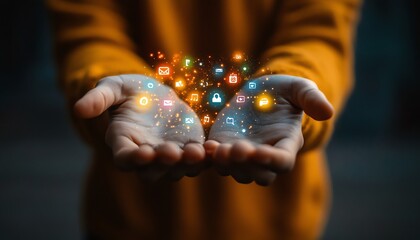 Aufkleber - Man with open hands holding a glowing hologram interface, icons representing social media and applications, technology, online networks, business and innovation